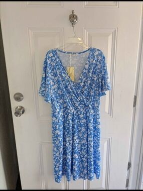 Blue Floral Midi Dress - V-Neck Wrap Style
